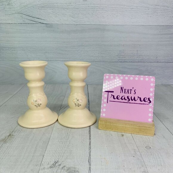 Pfaltzgraff REMEMBRANCE Stoneware Peach Pink Floral 5" Candle Stick Holders Set - Picture 1 of 9